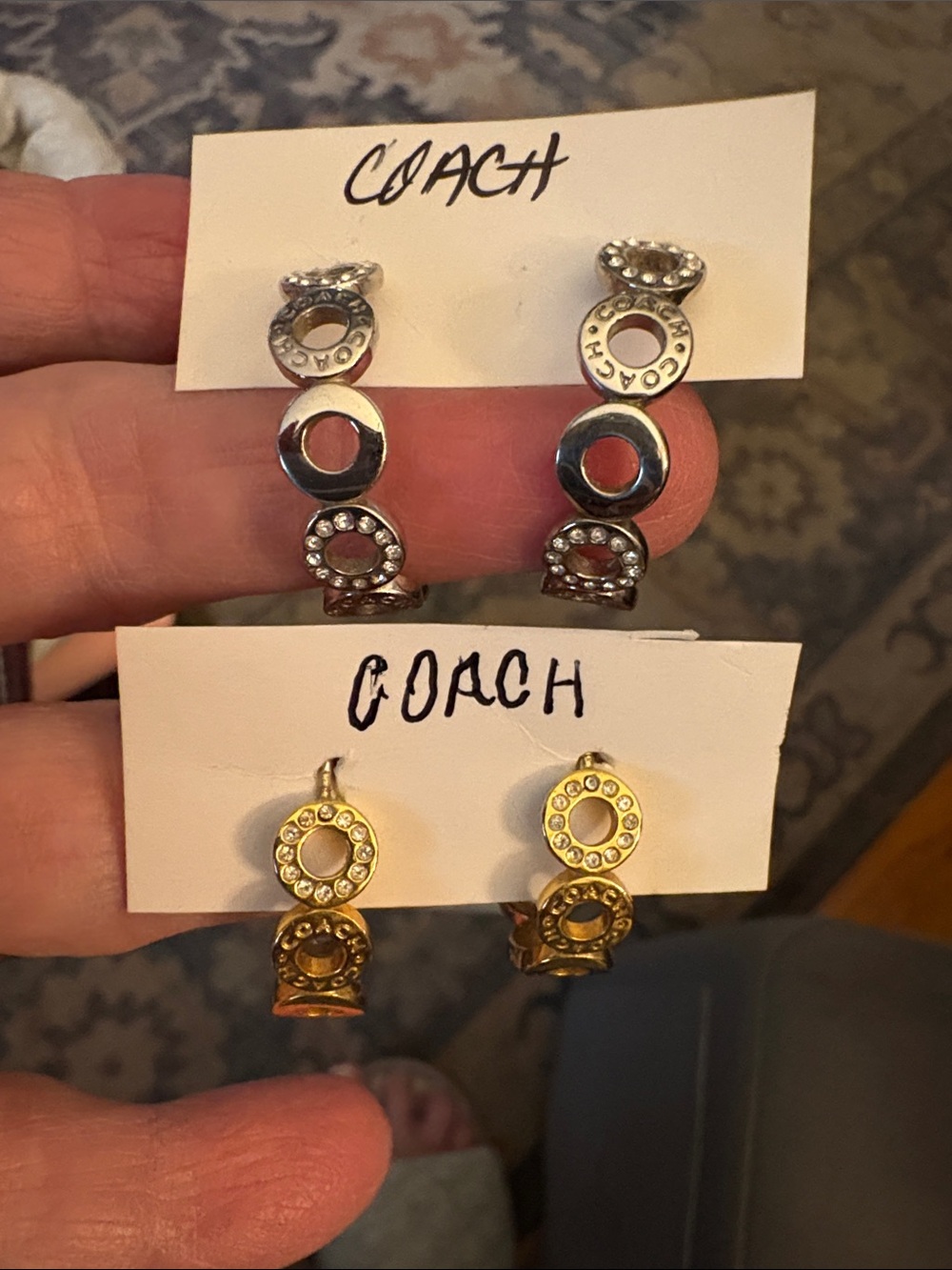 Coach Silver and Gold Logo Hoop Drop Earrings with Crystal Accents